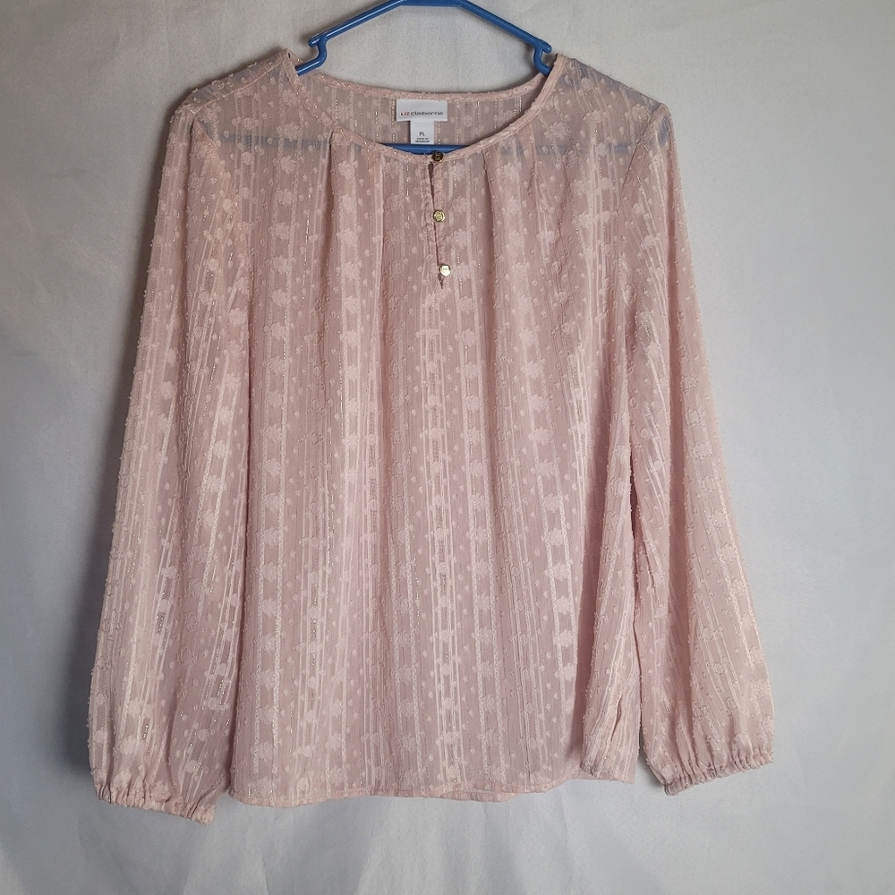 Liz Claiborne Pink Cottagecore Semi Sheer Blouse Size Petite Large